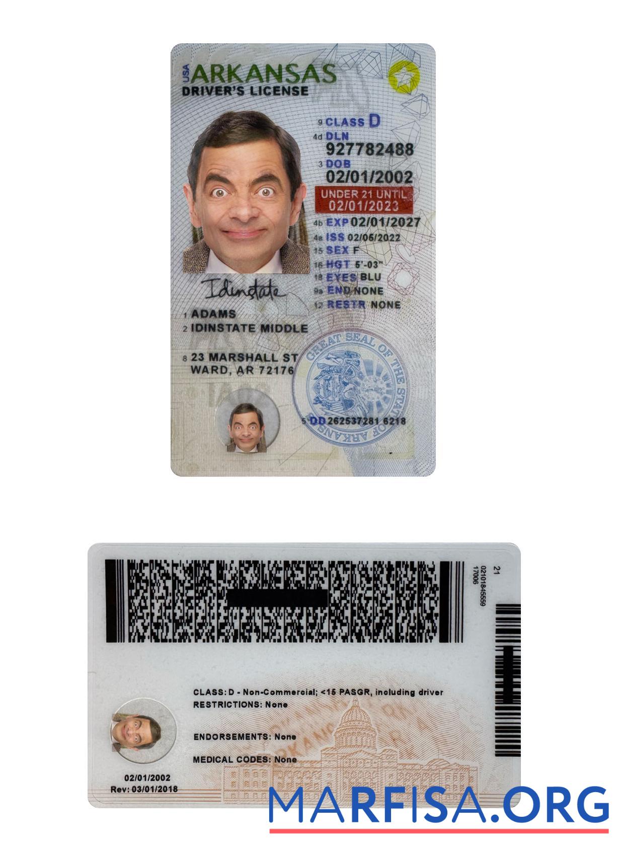 Printable USA Arkansas under 21 driving license sample